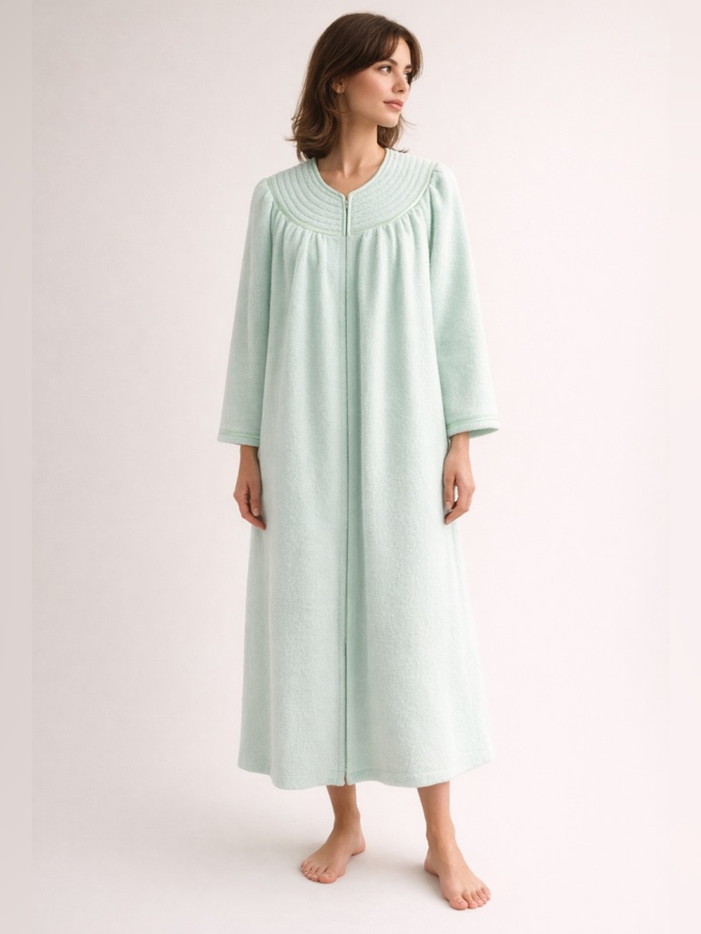 Vintage Pastel Mint Green Bouclé Housecoat Sculptural Collar Zip-Front Robe XL